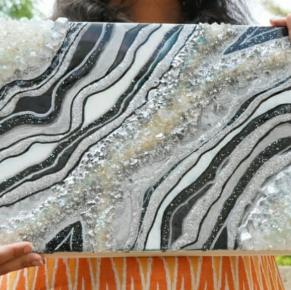 Silver and Black- Geode art piece (Resin) - Picture 1 of 8